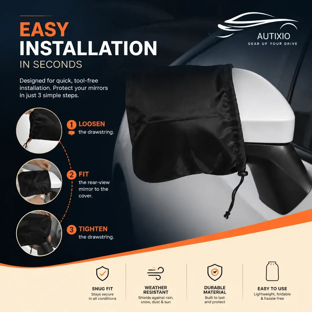 Black side mirror snow cover 3-step installation guide on white car showing loosen drawstring, fit over mirror, and tighten for snug weather resistant secure fit