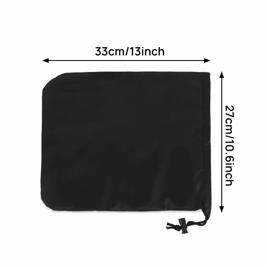Black car side mirror snow cover flat lay showing exact dimensions 33cm x 27cm 13 x 10.6 inches with drawstring closure on white background