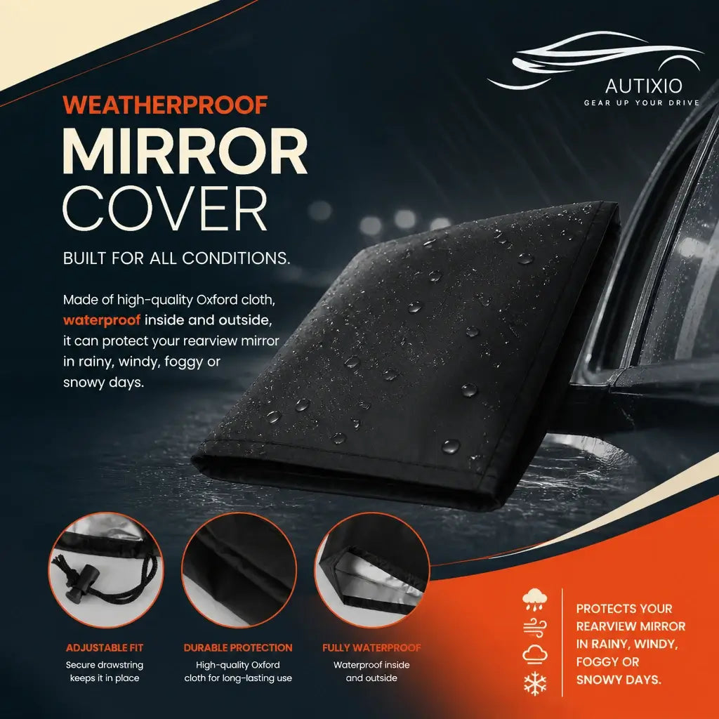 Black waterproof side mirror snow cover installed on car door mirror in rain showing 210D Oxford cloth, adjustable drawstring, and full protection from rain wind fog and snow