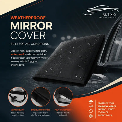 Black waterproof side mirror snow cover installed on car door mirror in rain showing 210D Oxford cloth, adjustable drawstring, and full protection from rain wind fog and snow