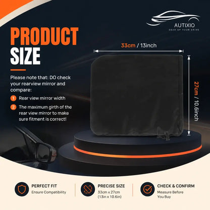 Black car side mirror snow cover size guide showing 33cm x 27cm dimensions with instructions to measure rear view mirror width and girth before purchasing