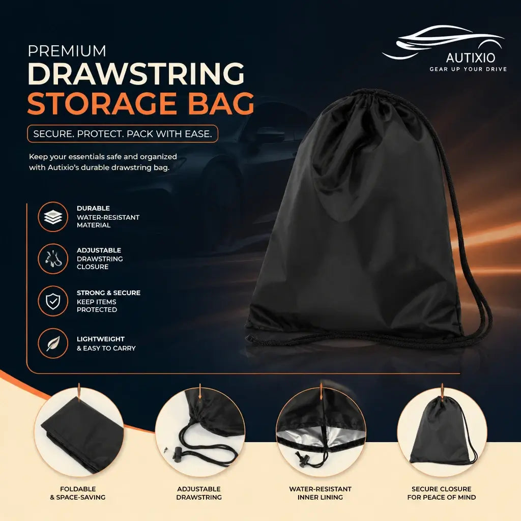 Black Oxford drawstring storage bag showing durable water-resistant material, adjustable closure, foldable space-saving design, and waterproof inner lining features