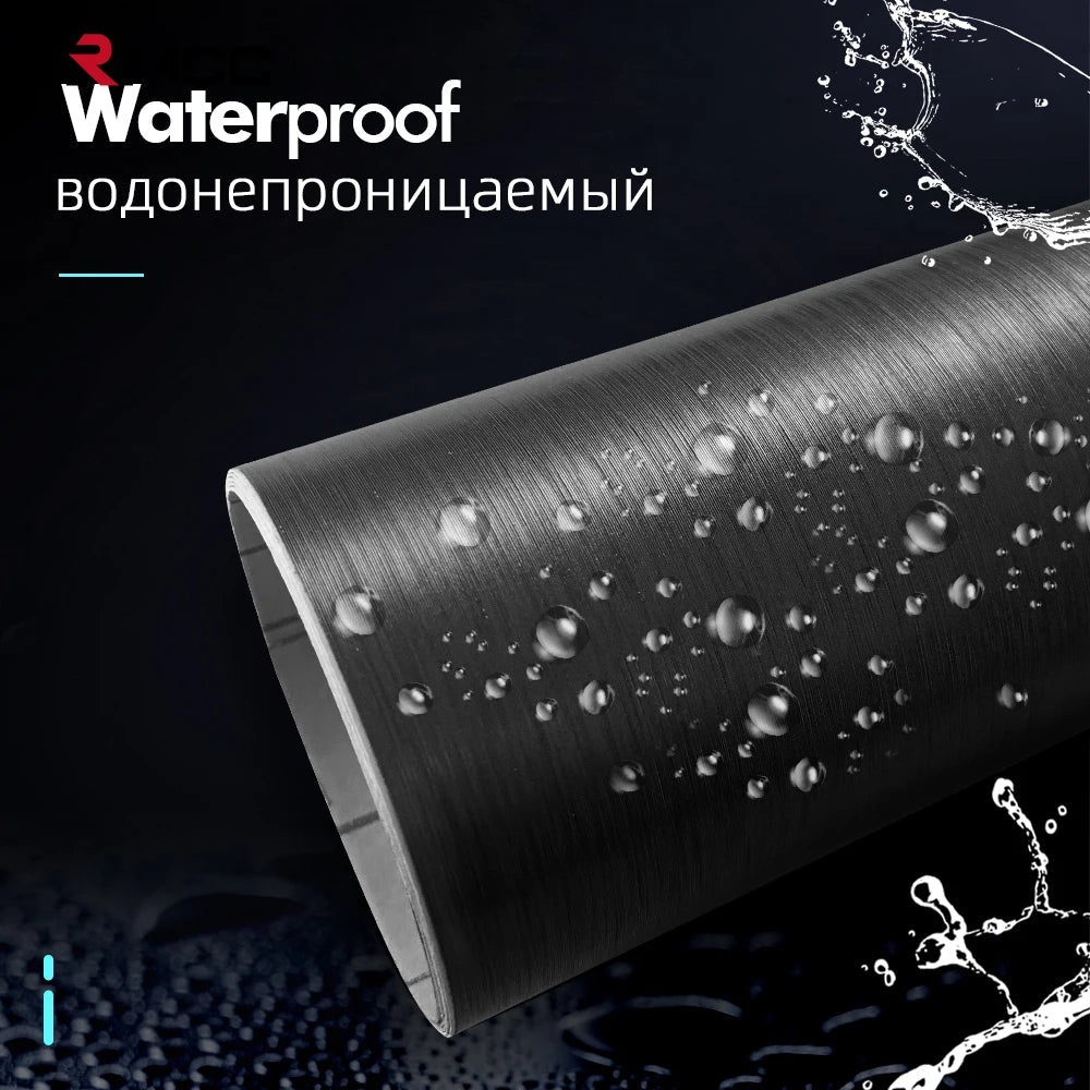 Black brushed aluminum vinyl wrap roll with water droplets demonstrating waterproof surface
