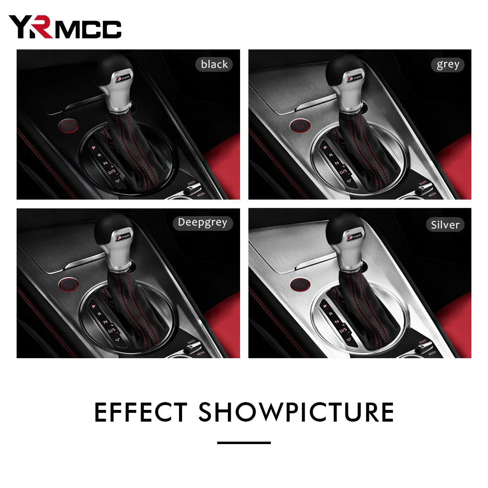 Vinyl wrap color effect comparison on car interior gear area in black grey deep grey and silver finishes