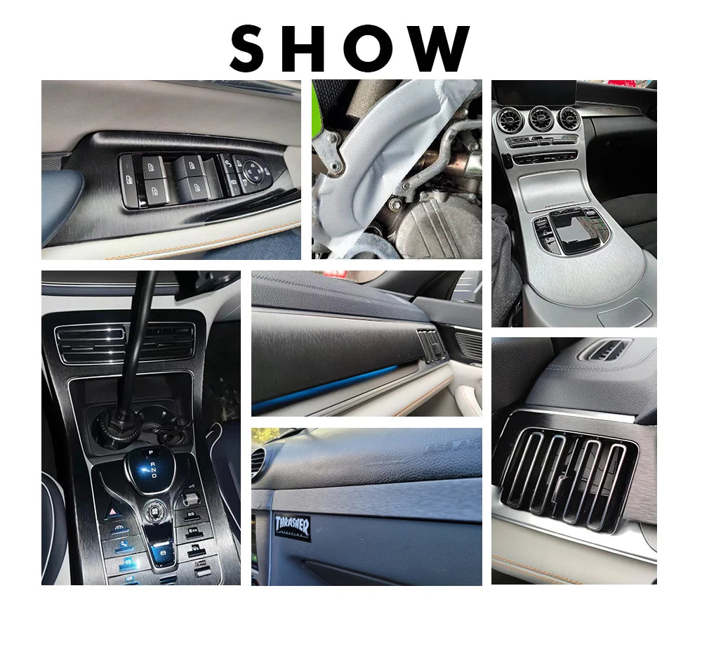 Customer photos showing brushed vinyl wrap applied to car door panel center console dashboard and air vents