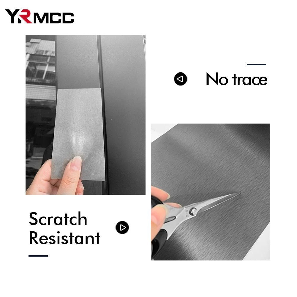 Brushed vinyl wrap shown peeling off cleanly without residue and scissors cutting film showing scratch resistance