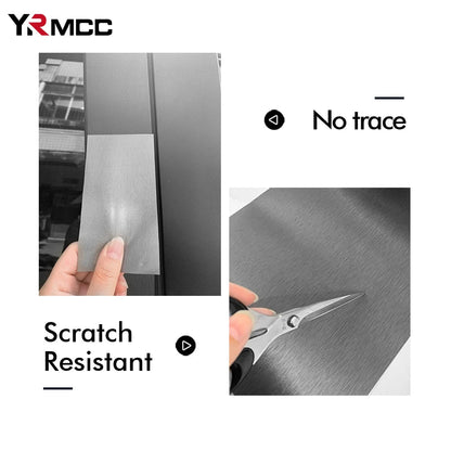 Brushed vinyl wrap shown peeling off cleanly without residue and scissors cutting film showing scratch resistance