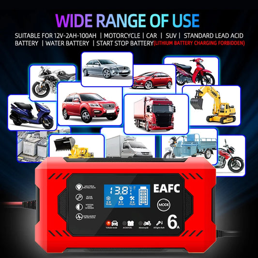 12V 6A smart battery charger compatible with cars, motorcycles, trucks, and machinery using lead acid or water batteries