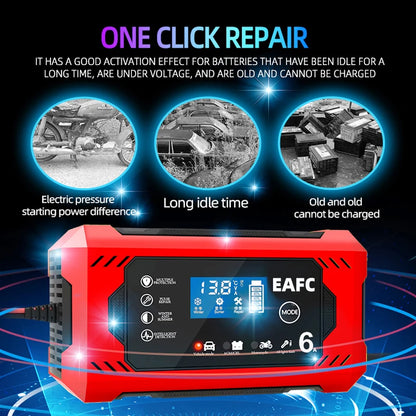 12V smart battery charger with one-click repair feature for reviving old, idle, or under-voltage lead acid batteries