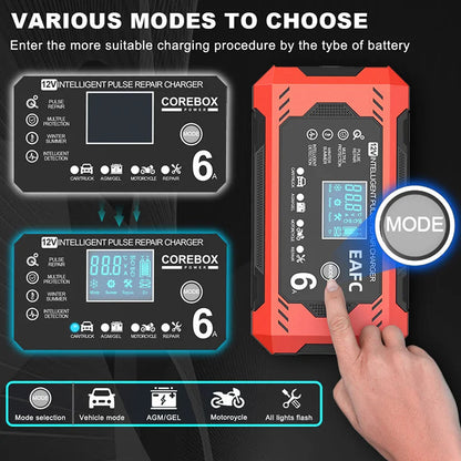 12V 6A smart car battery charger mode selection screen showing car, AGM, motorcycle and repair charging modes