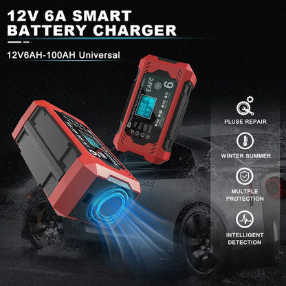 EAFC 12V 6A smart battery charger showing pulse repair, winter summer mode and intelligent detection features