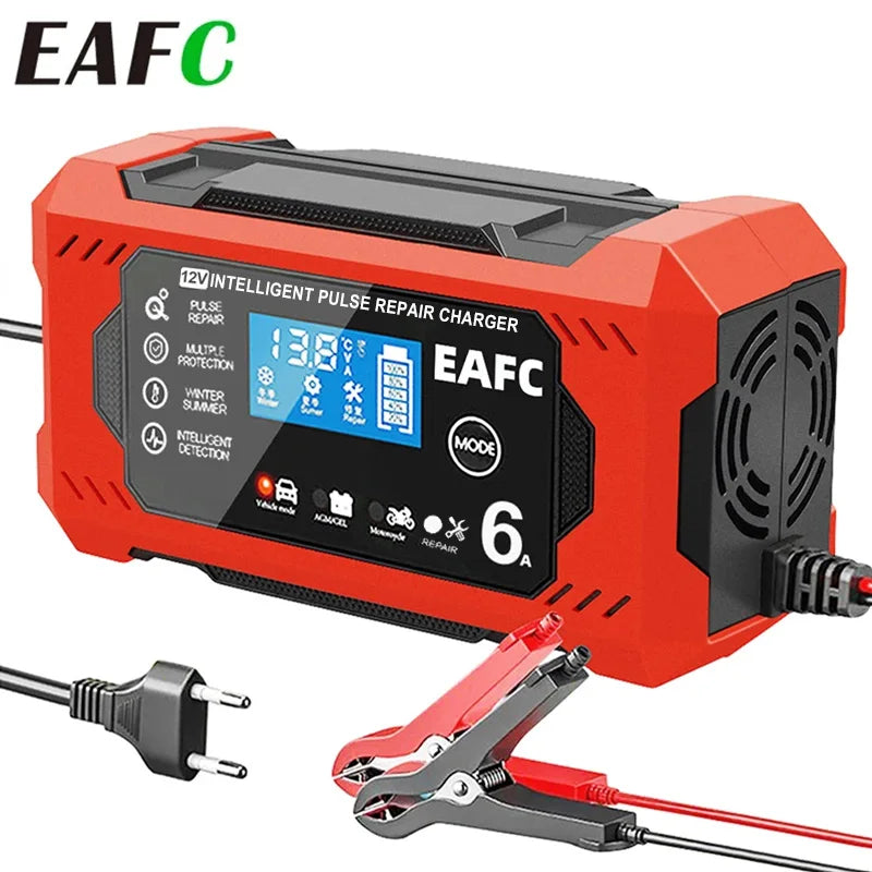 EAFC 12V 6A smart car battery charger in red with LCD display, battery clamps and EU power plug