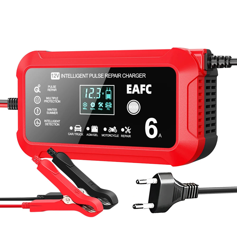 EAFC 12V 6A smart battery charger new style red with LCD showing voltage and charging mode selector