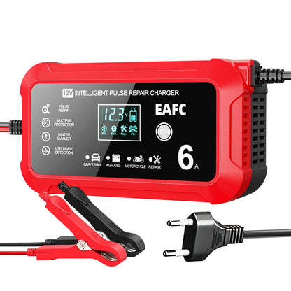 EAFC 12V 6A smart battery charger new style red with LCD showing voltage and charging mode selector