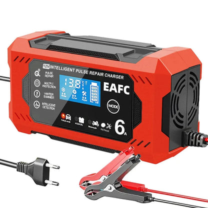 EAFC 12V 6A smart car battery charger red with fan cooling, LCD display, battery clamps and EU plug