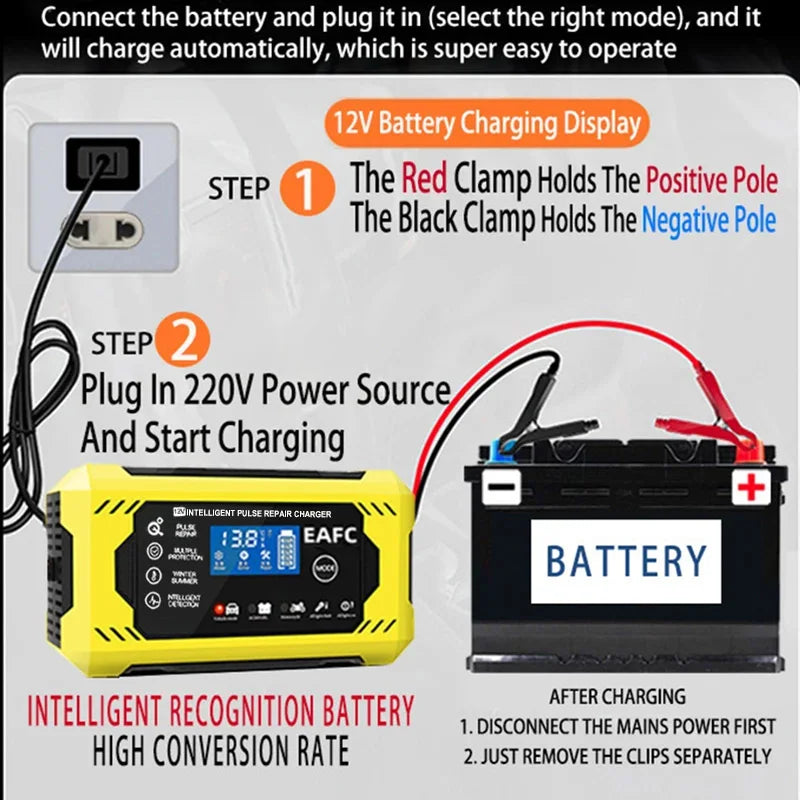 12V smart battery charger usage guide showing red clamp to positive pole and step-by-step connection to car battery