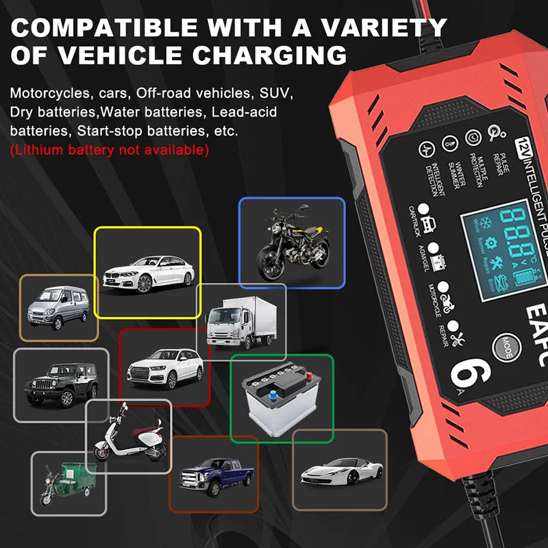 12V 6A smart battery charger compatible with car, truck, SUV, motorcycle, electric scooter and lead-acid batteries