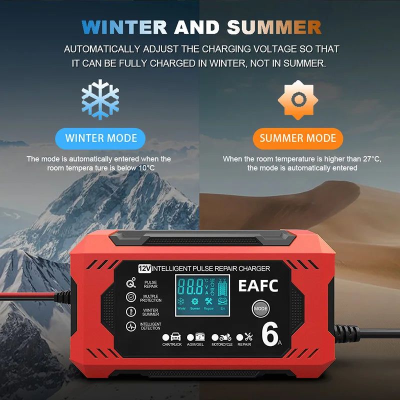 12V 6A smart car battery charger winter and summer auto mode adjusting charging voltage by temperature