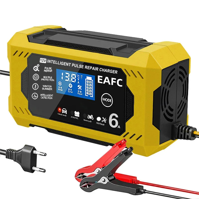 EAFC 12V 6A smart car battery charger yellow version with LCD display, battery clamps and EU plug