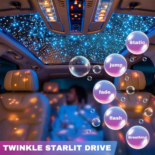 Close-up of fiber optic strands from RGB star light kit for custom headliner use