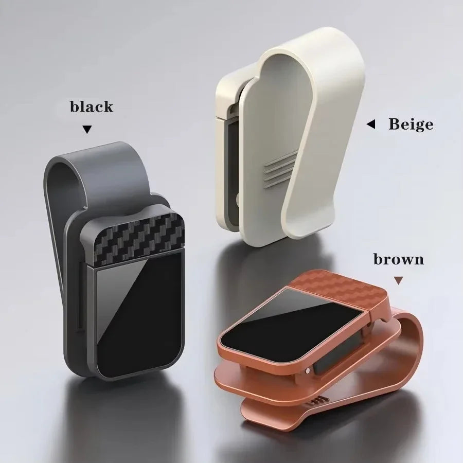 Sun visor glasses clip available in black, beige, and brown