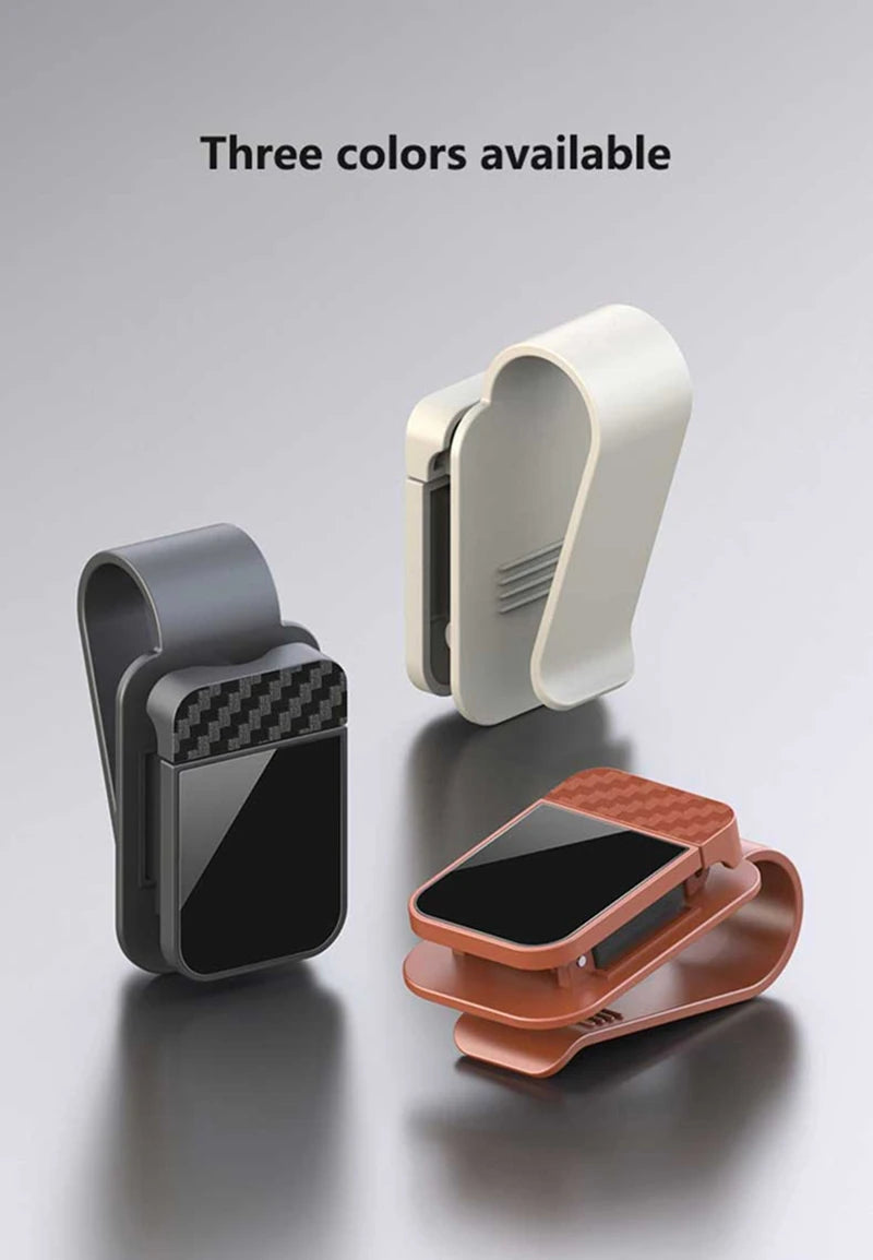 Sun visor glasses clip in black, beige, and brown color options side view
