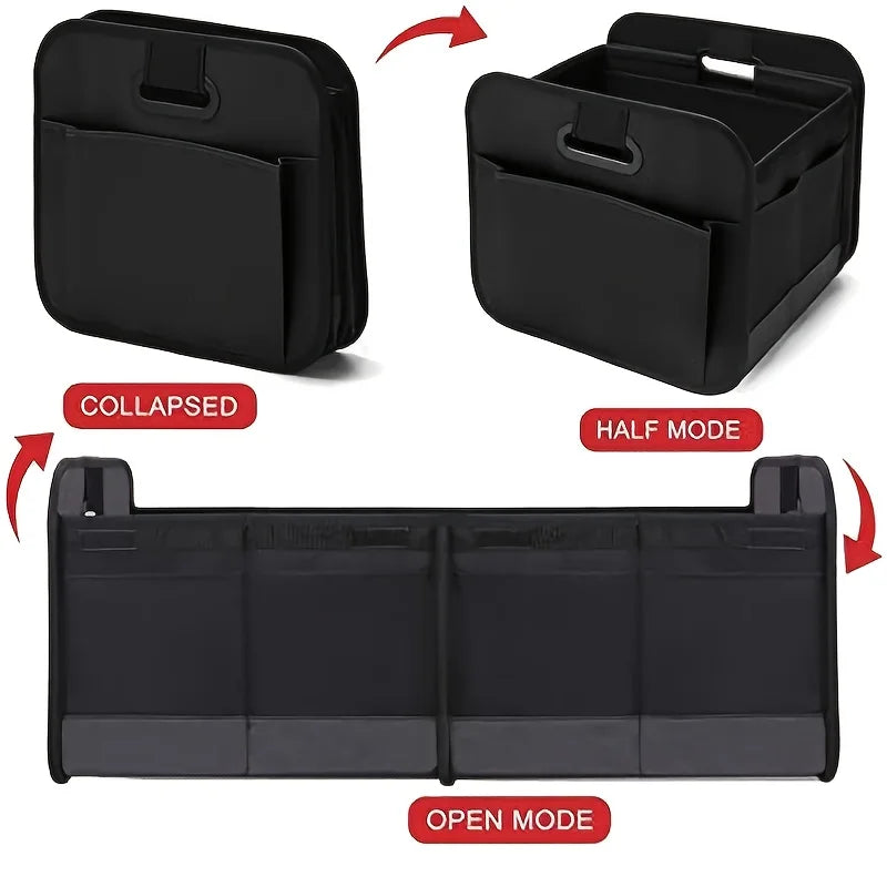 Front facing view of black collapsible trunk organizer