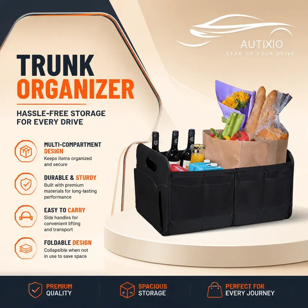 Large capacity SUV trunk organizer box filled with storage items
