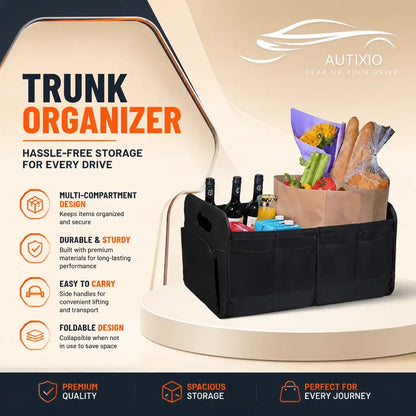 Large capacity SUV trunk organizer box filled with storage items