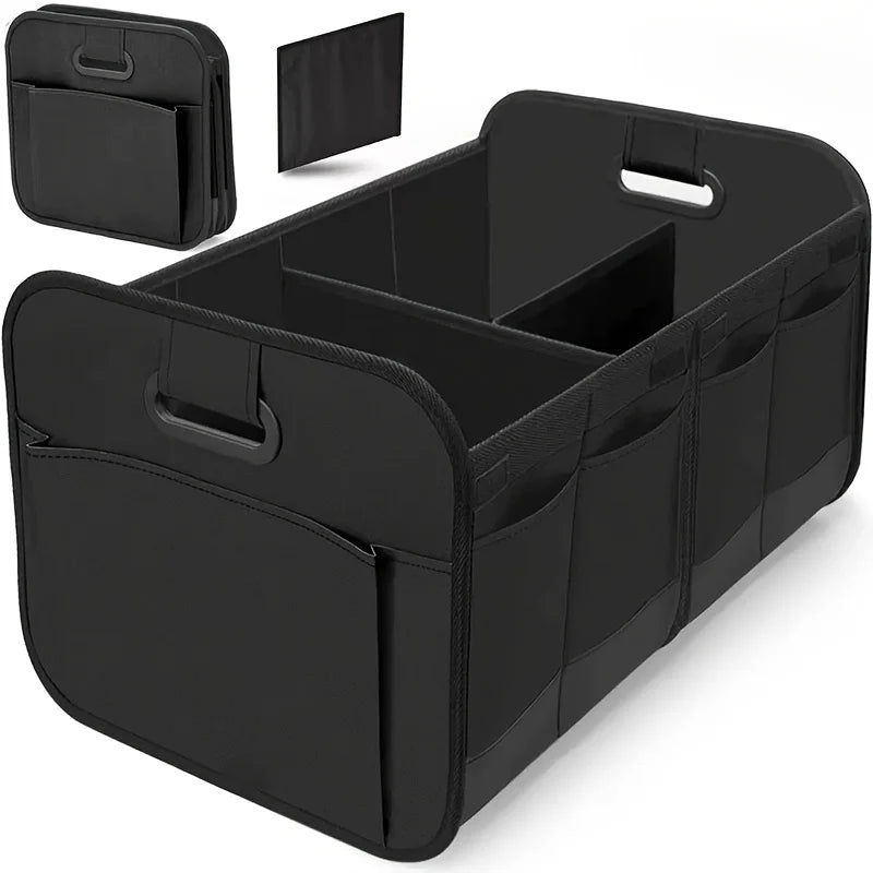 Black collapsible SUV trunk organizer with 600D Oxford fabric material
