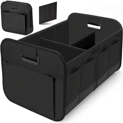 Black collapsible SUV trunk organizer with 600D Oxford fabric material
