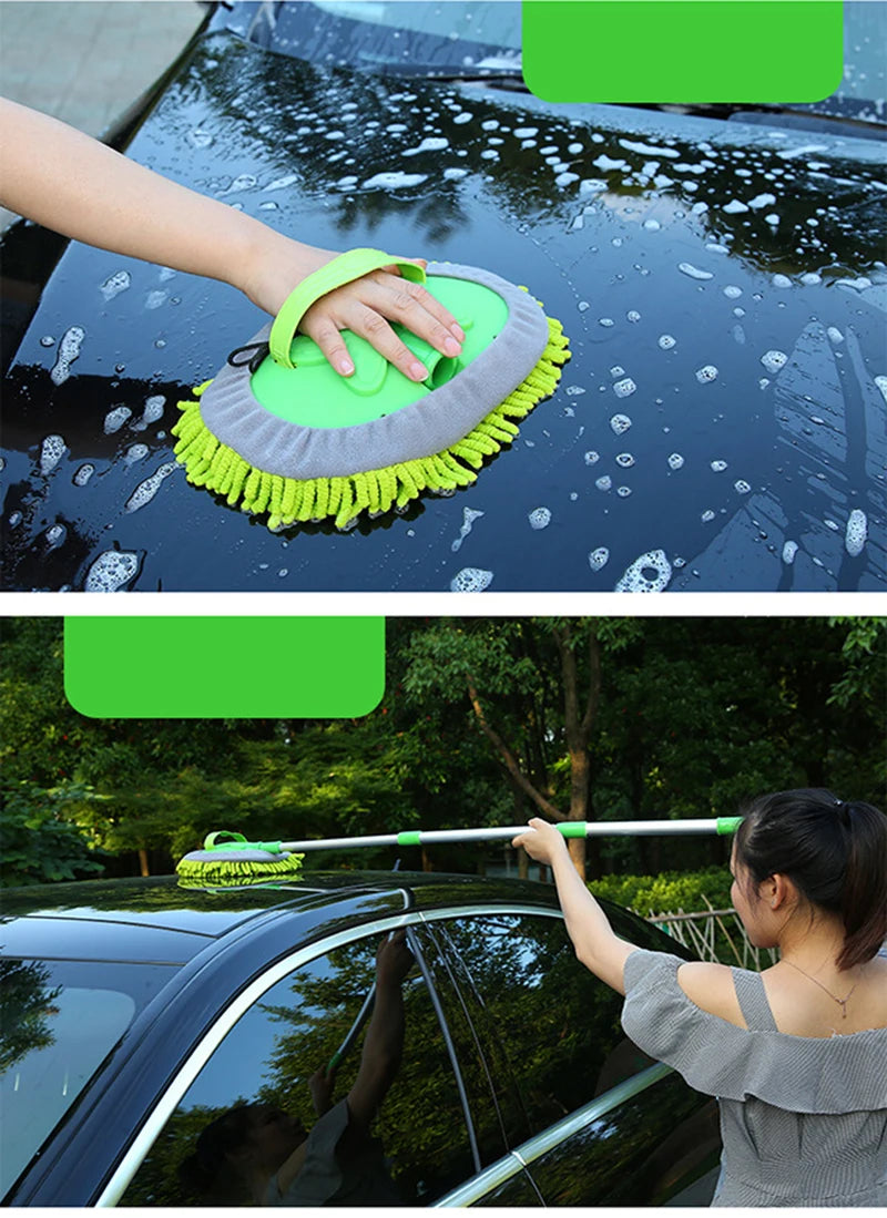 2-in-1 use: hand mitt mode (top) and pole mode washing car roof (bottom)