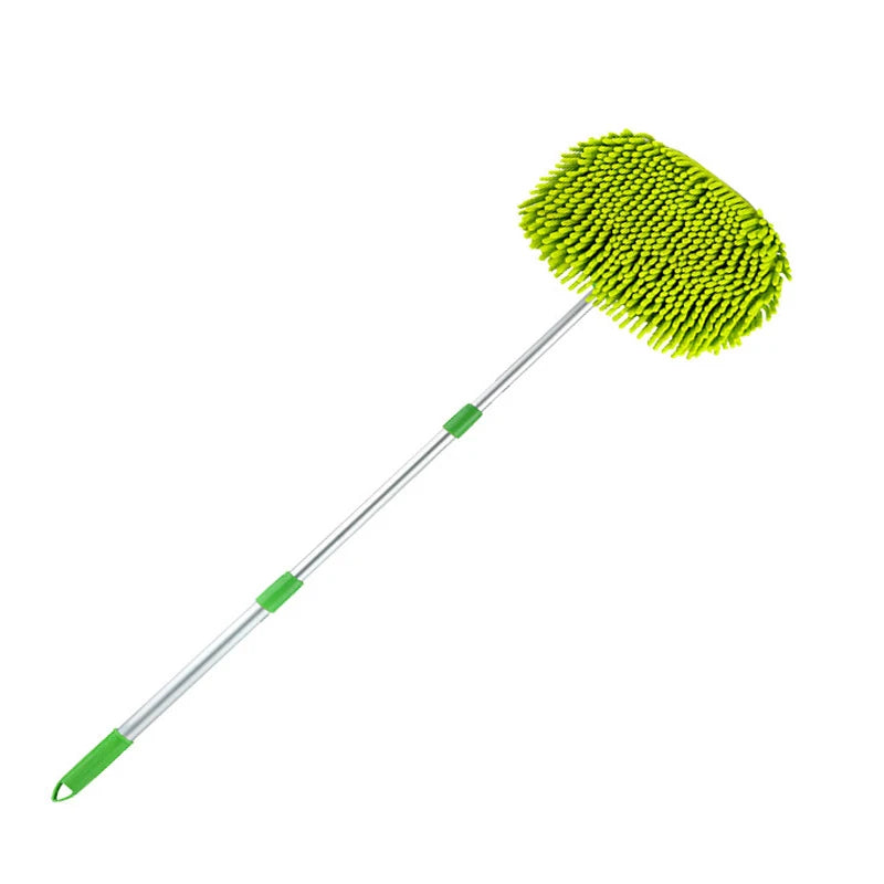 Telescopic car wash mop at angle — green chenille head on extendable handle, white background