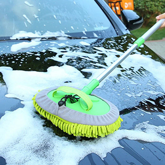 Chenille mop head scrubbing soapy car hood with telescopic handle extended