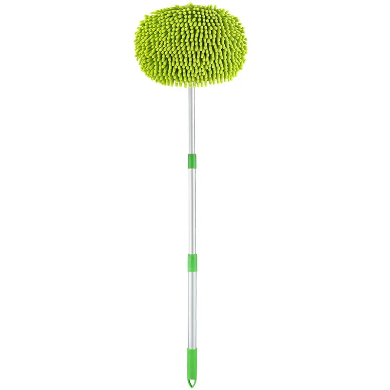 Full telescopic car wash mop upright — green chenille head on extendable handle, white background
