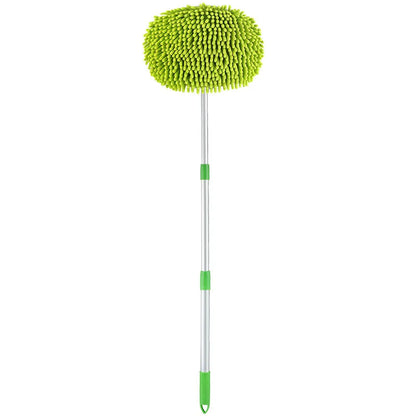 Full telescopic car wash mop upright — green chenille head on extendable handle, white background