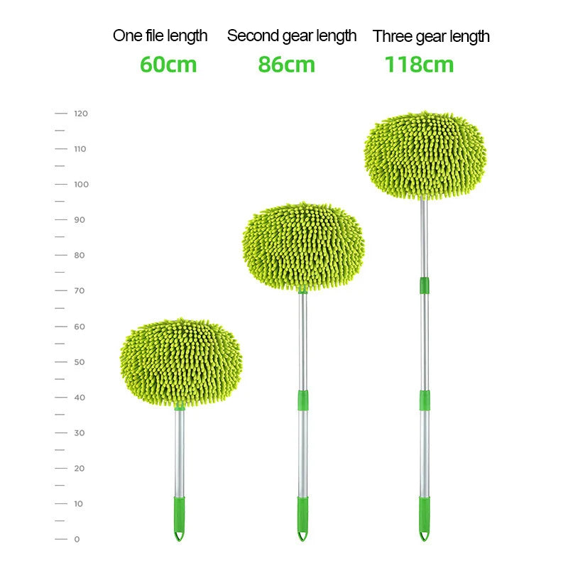Telescopic mop 3-length size chart: collapsed 60cm, mid 86cm, fully extended 118cm