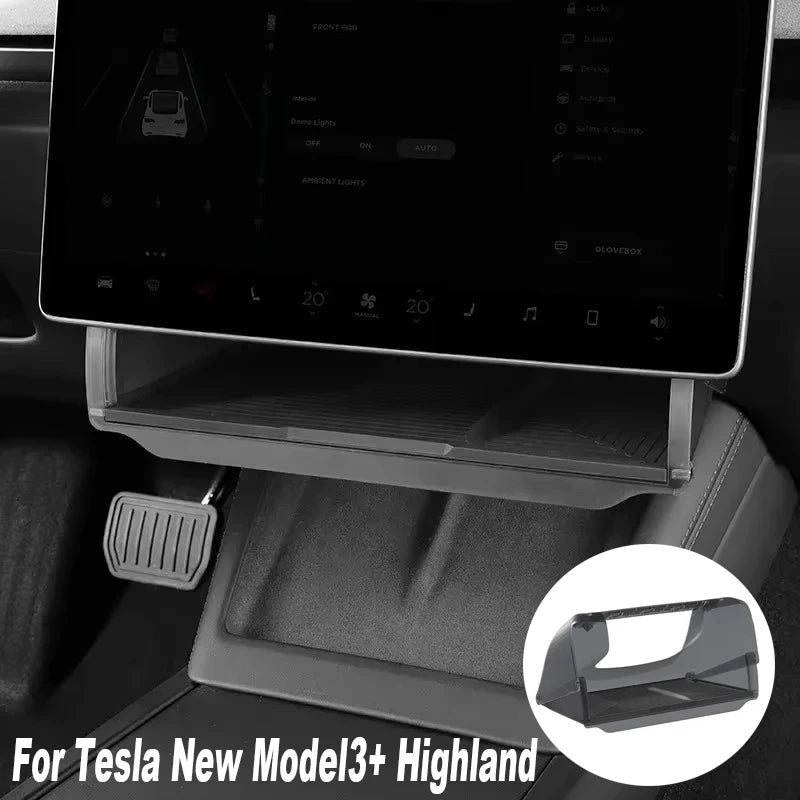 Tesla Model Y center console organizer installed below touchscreen with storage items displayed
