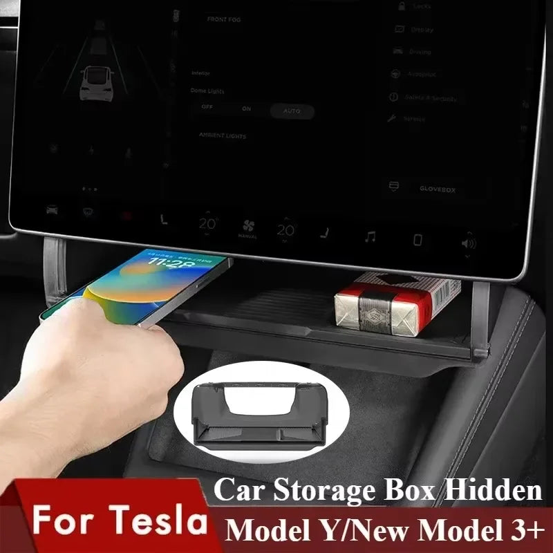 Demonstration of Tesla Model Y center console organizer storing phone, wallet, and items below screen