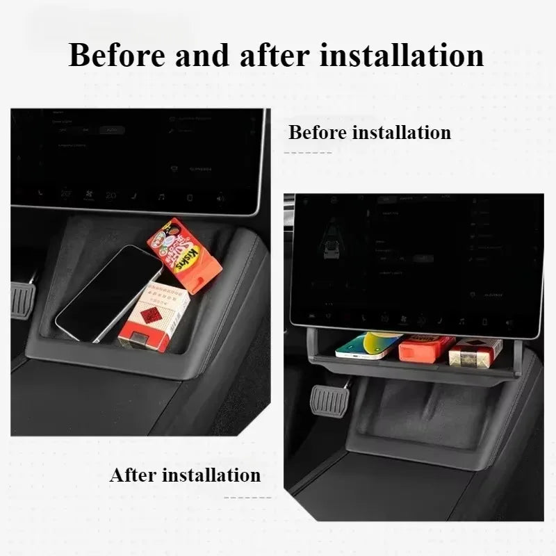 Before and after installation of Tesla Model Y console organizer showing empty space and organized storage