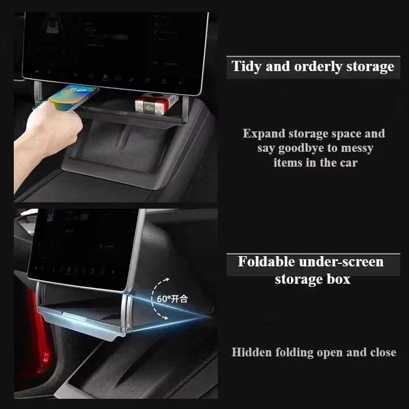 Tesla organizer features including tidy storage, expandable space, and foldable under-screen design