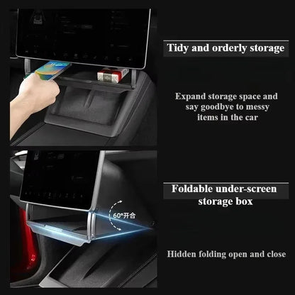 Tesla organizer features including tidy storage, expandable space, and foldable under-screen design