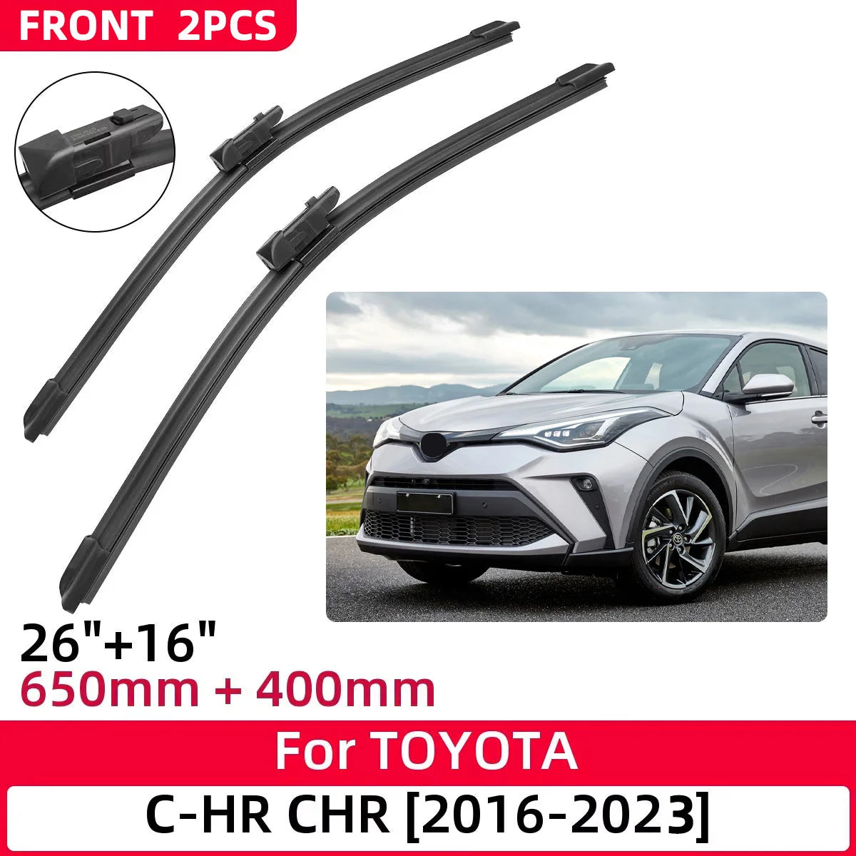 Front view of 26"/16" wiper blades for Toyota C-HR 2016–2023 model years
