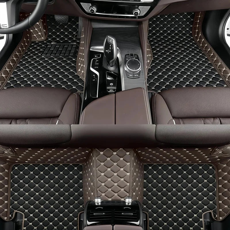 Toyota Corolla Cross Hybrid floor mats black and brown combination – diamond-quilt leather with chocolate brown accent border