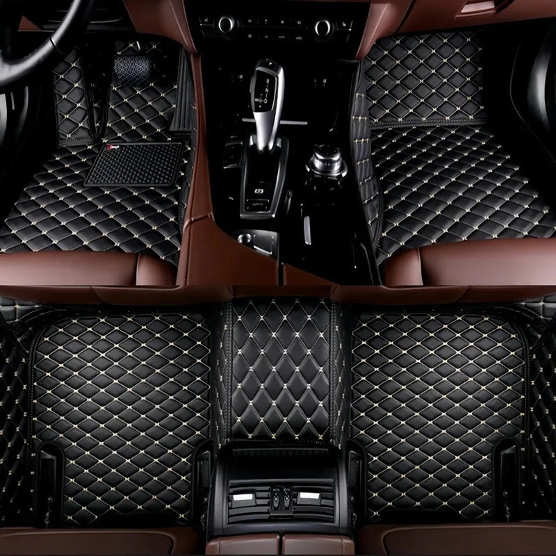 Toyota Corolla Cross Hybrid floor mats black with gold accents – premium diamond-quilt leather with gold stud stitching detail