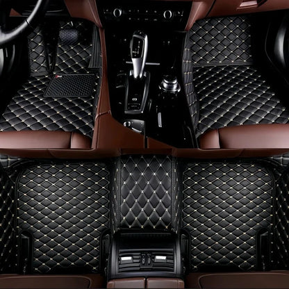 Toyota Corolla Cross Hybrid floor mats black with gold accents – premium diamond-quilt leather with gold stud stitching detail