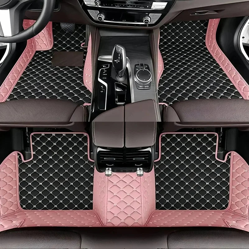 Toyota Corolla Cross Hybrid floor mats black with pink trim – feminine bicolor diamond-quilt leather set