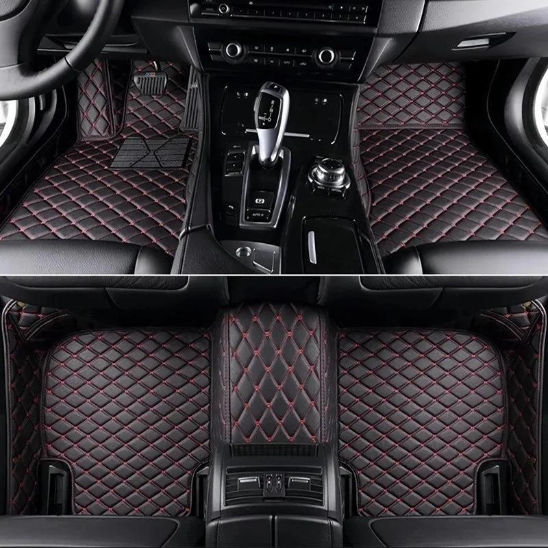 Toyota Corolla Cross Hybrid floor mats black with red stripe – horizontal-stitch leather, full front and rear in-car view
