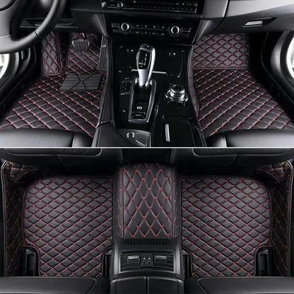 Toyota Corolla Cross Hybrid floor mats black with red stripe – horizontal-stitch leather, full front and rear in-car view