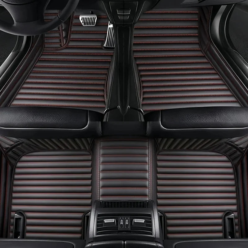 Toyota Corolla Cross Hybrid floor mats black with red stitch stripes – horizontal-stripe leather with red accent stitching lines